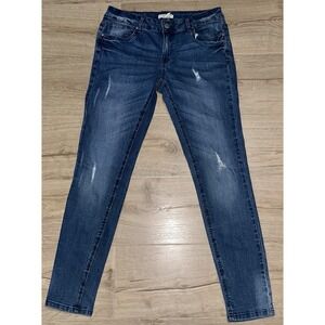 FOREVER 21 Women's Blue Denim Skinny Jeans Distressed 5-Pocket Button Zip